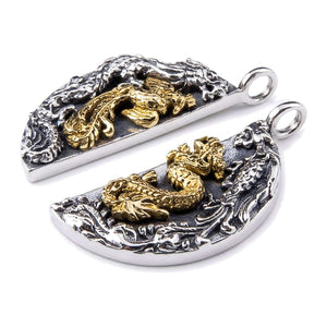 Dragon Phoenix Split Sterling Silver Pendant, separated matching halves side by side