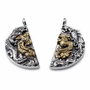 Dragon Phoenix Split Sterling Silver Pendant, separated pendant halves vertical arrangement
