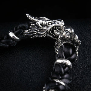 Lederarmband mit zwei Drachenköpfen aus Sterlingsilber, Armbandverschluss-Detail