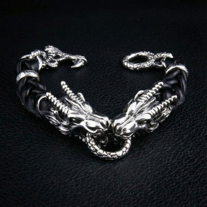 Lederarmband mit zwei Drachenköpfen aus Sterlingsilber, Drachenarmband Vorderansicht