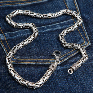 8mm Byzantine Sterling Silver Heavy Chain Necklace shown in curved chain denim view view.