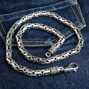 8mm Byzantine Sterling Silver Heavy Chain Necklace shown in heavy chain denim loop view.