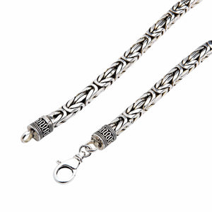 8mm Byzantine Sterling Silver Heavy Chain Necklace shown in scroll caps lobster detail view.