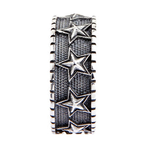Embossed Star Sterling Silver Band Ring. Star texture profile.