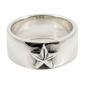 Faceted Star Sterling Silver Band Ring. Faceted star front.