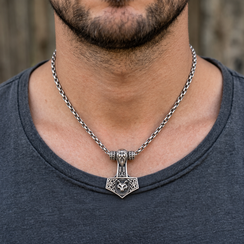 Fenrir wolf hammer silver pendant on a silver chain