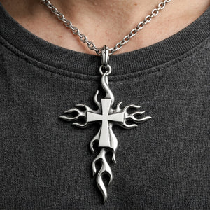 Flame Cross Sterling Silver Pendant, worn at the neckline