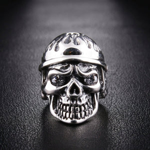 Flame Military Skull CZ Sterling Silver Ring, ring front