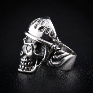 Flame Military Skull CZ Sterling Silver Ring, ring rear angle