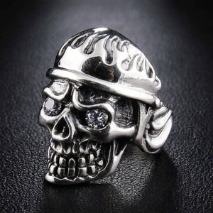 Flame Military Skull CZ Sterling Silver Ring, ring three quarter front