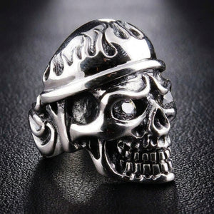 Flame Military Skull CZ Sterling Silver Ring, ring three quarter left