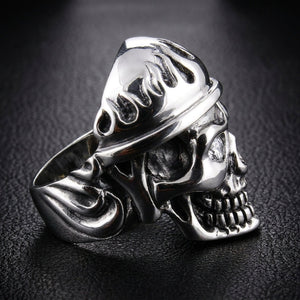 Flame Military Skull CZ Sterling Silver Ring, ring three quarter right