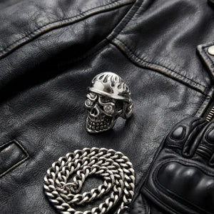 Flame Military Skull CZ Sterling Silver Ring, styled ring view