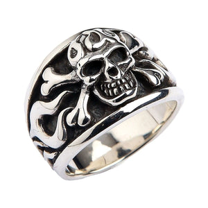 Flame Skull Crossbones Sterling Silver Ring, flame skull crossbones ring front