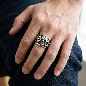 Flame Skull Crossbones Sterling Silver Ring, worn on the hand