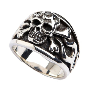 Flame Skull Crossbones Sterling Silver Ring, ring three quarter left