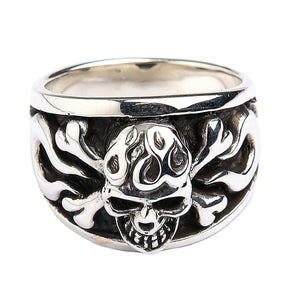 Flame Skull Crossbones Sterling Silver Ring, ring three quarter right