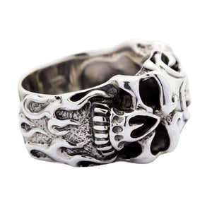 Flame Skull Sterling Silver Biker Ring, ring side profile