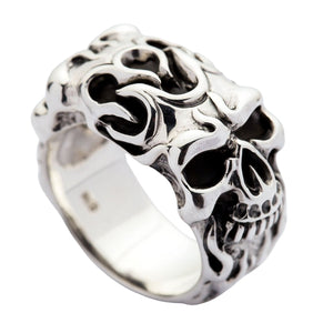 Flame Skull Sterling Silver Biker Ring, ring three quarter