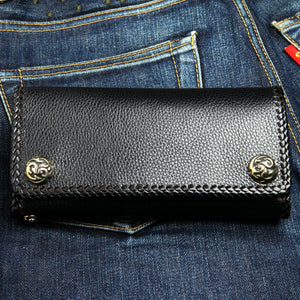 Flame Skull Stingray Leather Biker Wallet, back denim