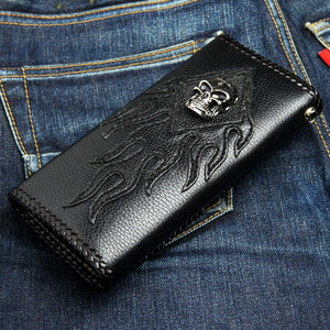 Flame Skull Stingray Leather Biker Wallet, front diagonal denim