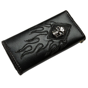 Flame Skull Stingray Leather Biker Wallet, front on white