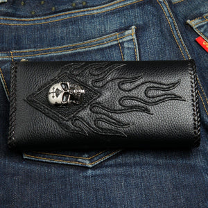 Flame Skull Stingray Leather Biker Wallet, front straight denim