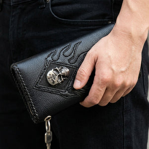 Flame Skull Stingray Leather Biker Wallet, held at the waist