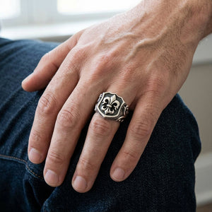 Fleur-de-Lis Shield Sterling Silver Ring, worn on the hand
