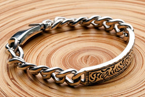ID-armband i 925 sterlingsilver med blomgravyr, pansarlänkar och graverad bricka