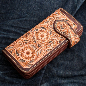Tooled Floral Leather Western Star Wallet, back angled fabric