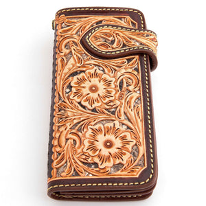 Tooled Floral Leather Western Star Wallet, back on white