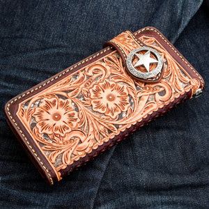 Tooled Floral Leather Western Star Wallet, front angled fabric