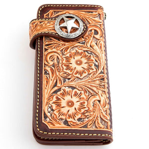 Tooled Floral Leather Western Star Wallet, front on white
