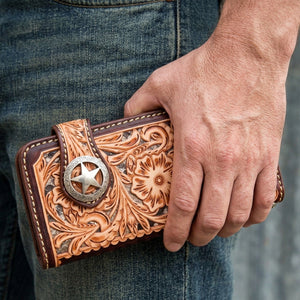 Tooled Floral Leather Western Star Wallet, held at the waist