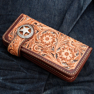 Tooled Floral Leather Western Star Wallet, opposite front fabric