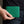 Cartera bifold de piel de avestruz en verde bosque, sostenida cerrada a la altura de la cadera con la parte frontal decorada visible