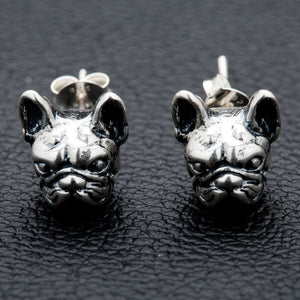 Örhängen franska bulldogghuvuden i sterlingsilver, bulldoggpar framifrån