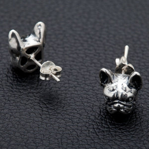 Örhängen franska bulldogghuvuden i sterlingsilver, stift och fjärilslås