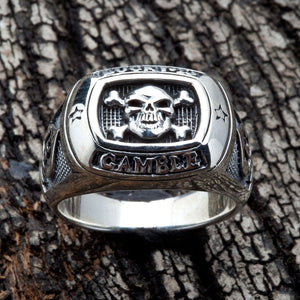 Gamble Skull and Crossbones Silver Signet Ring. Gamble skull front.