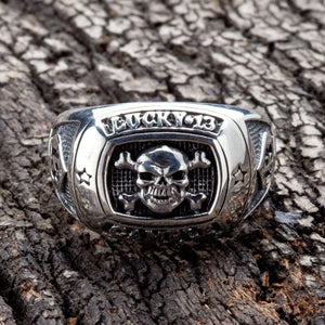 Gamble Skull and Crossbones Silver Signet Ring. Lucky thirteen lip.