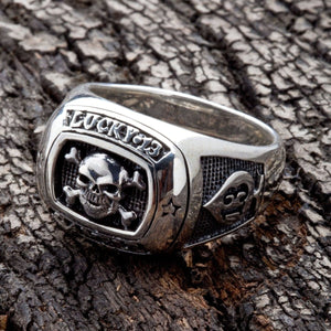 Gamble Skull and Crossbones Silver Signet Ring. Thirteen right shoulder.