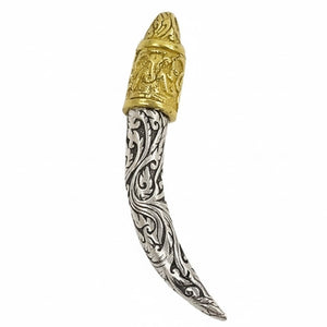 Ganesha-slagtandhanger van sterling zilver met gouddetail, tegenoverliggende gegraveerde slagtandzijde