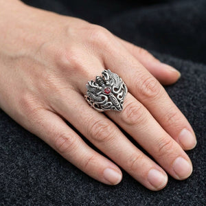 Garnet Twin Dragon Crest Sterling Silver Ring worn on a hand