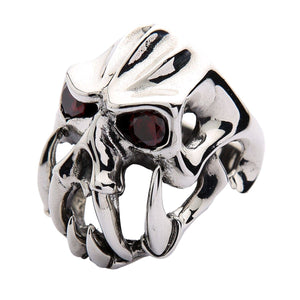 Garnet-Eye Fang Devil Sterling Silver Ring, devil skull angled on white