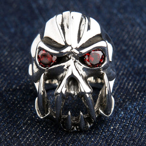 Garnet-Eye Fang Devil Sterling Silver Ring, garnet-eye devil skull front on denim