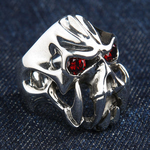 Garnet-Eye Fang Devil Sterling Silver Ring, horned skull right angle