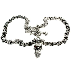 Garnet-Eye Skull Sterling Silver Necklace, skull link chain detail