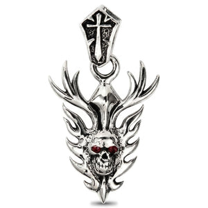 Garnet Flame Skull Sterling Silver Pendant, flame skull front