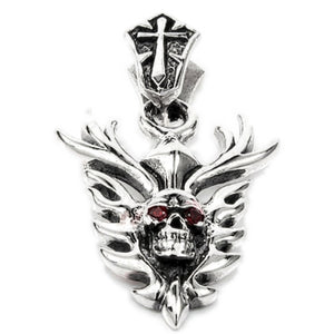 Garnet Flame Skull Sterling Silver Pendant, garnet eyes and coffin bail